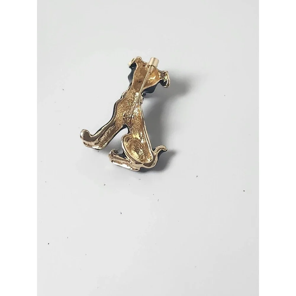 Black and Gold Enamel Dog Brooch with Crystals on Collar